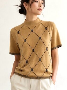 Vintage 90s Sag Harbor Argyle Mock-Neck Knit Sweater PL